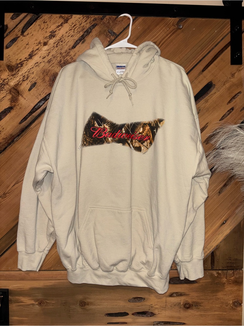 Gildan Cream Pullover Hoodie with Camo Budweiser Logo